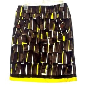 Eccoci brown yellow bold Geometric print Pencil Skirt two fake pockets size 6